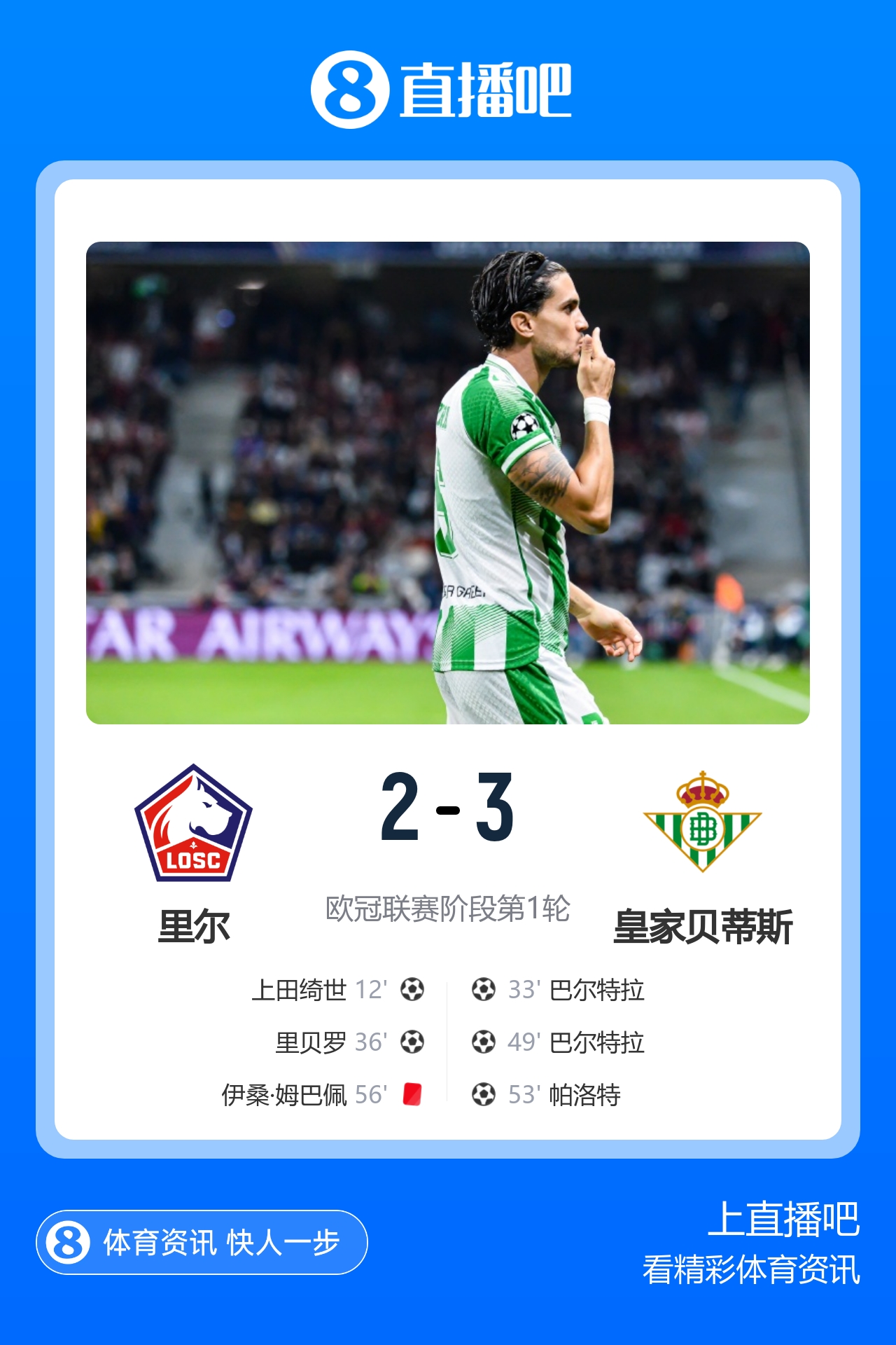 欧冠-贝蒂斯客场3-2逆转十人里尔 小姆巴佩肘击染红 巴尔特拉双响
